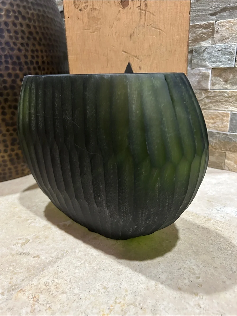 Reptilia frosted olive-green ribbed glass vase